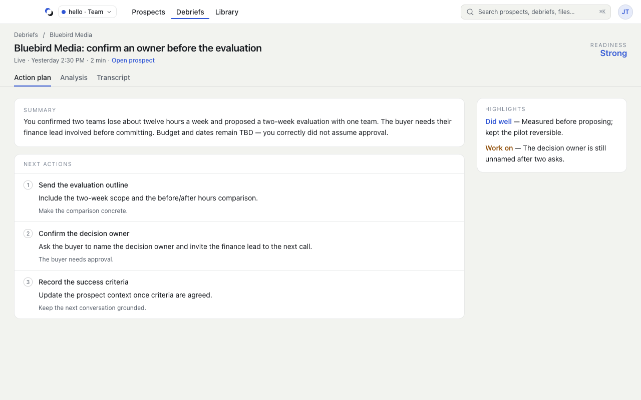 Debrief summary with highlights, next actions, and three review tabs.