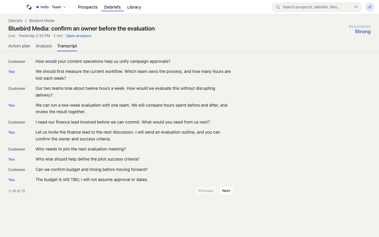 Debrief Transcript showing You and Customer conversation text with pagination.