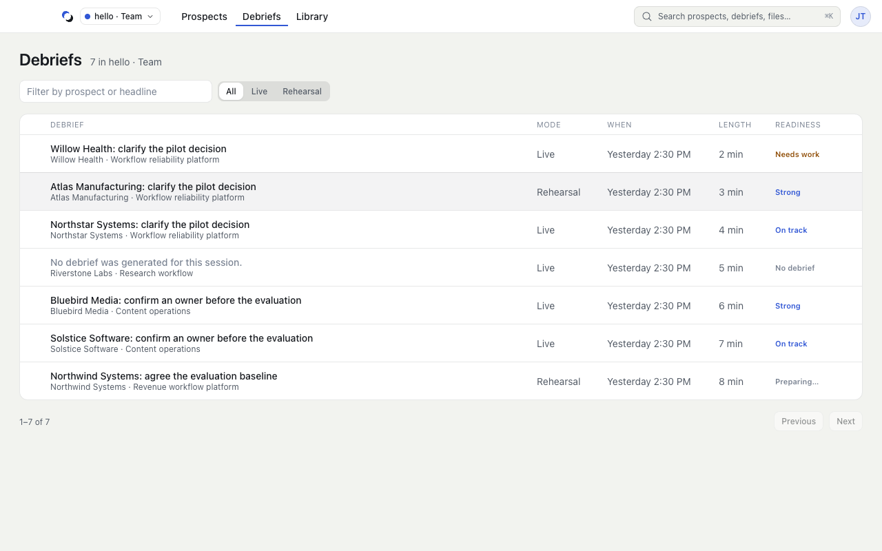 Debriefs directory with Live and Rehearsal filters and coaching result rows.