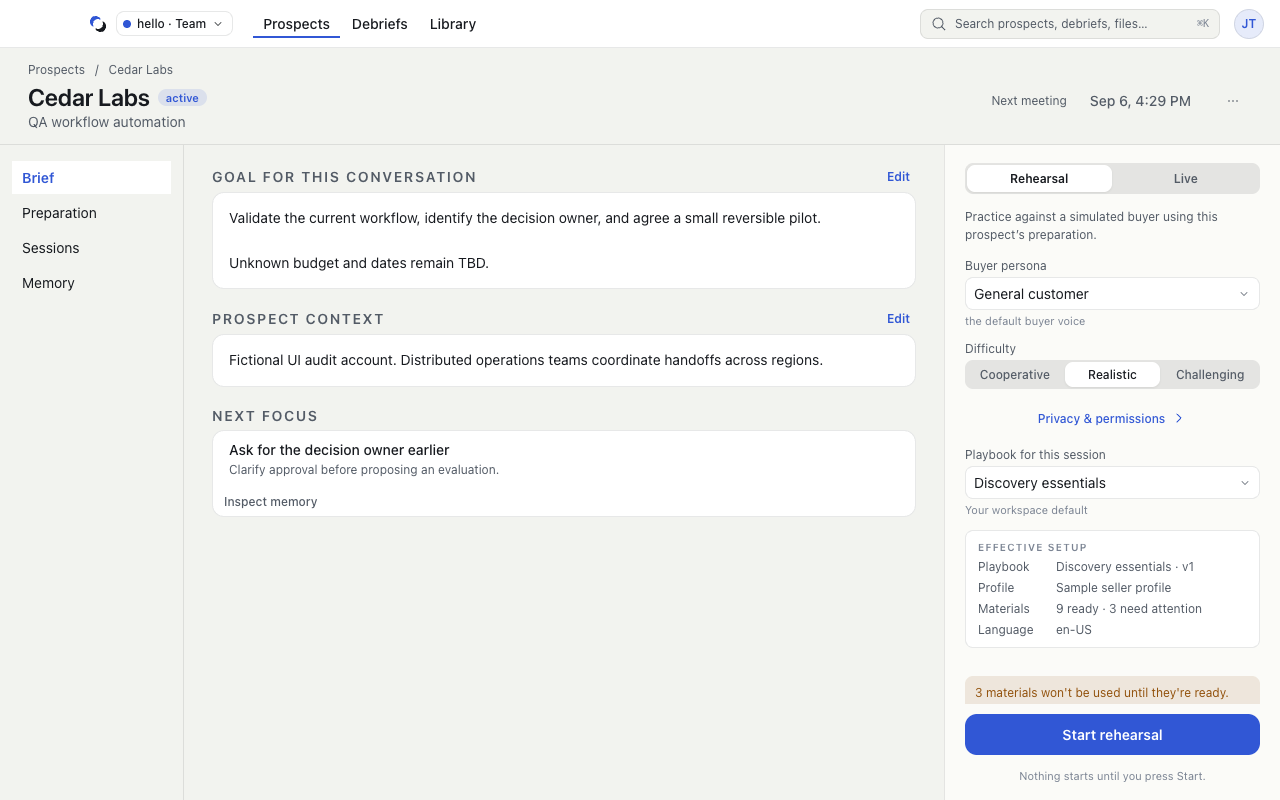 Cedar Labs Prospect with Brief, Preparation, Sessions, and Memory navigation beside the rehearsal launch dock.
